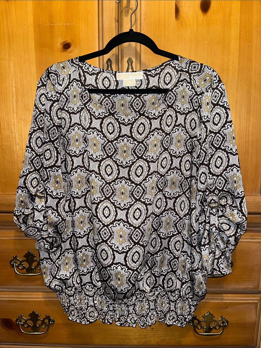 Michael Kors Brown Olive Medallion Smocked Hem Blouse Top 2X Plus Size EUC